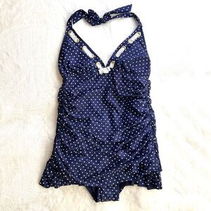 One Piece Halter Top Swimsuit Retro Pinup Style Blue and White Polka Dot Size Me